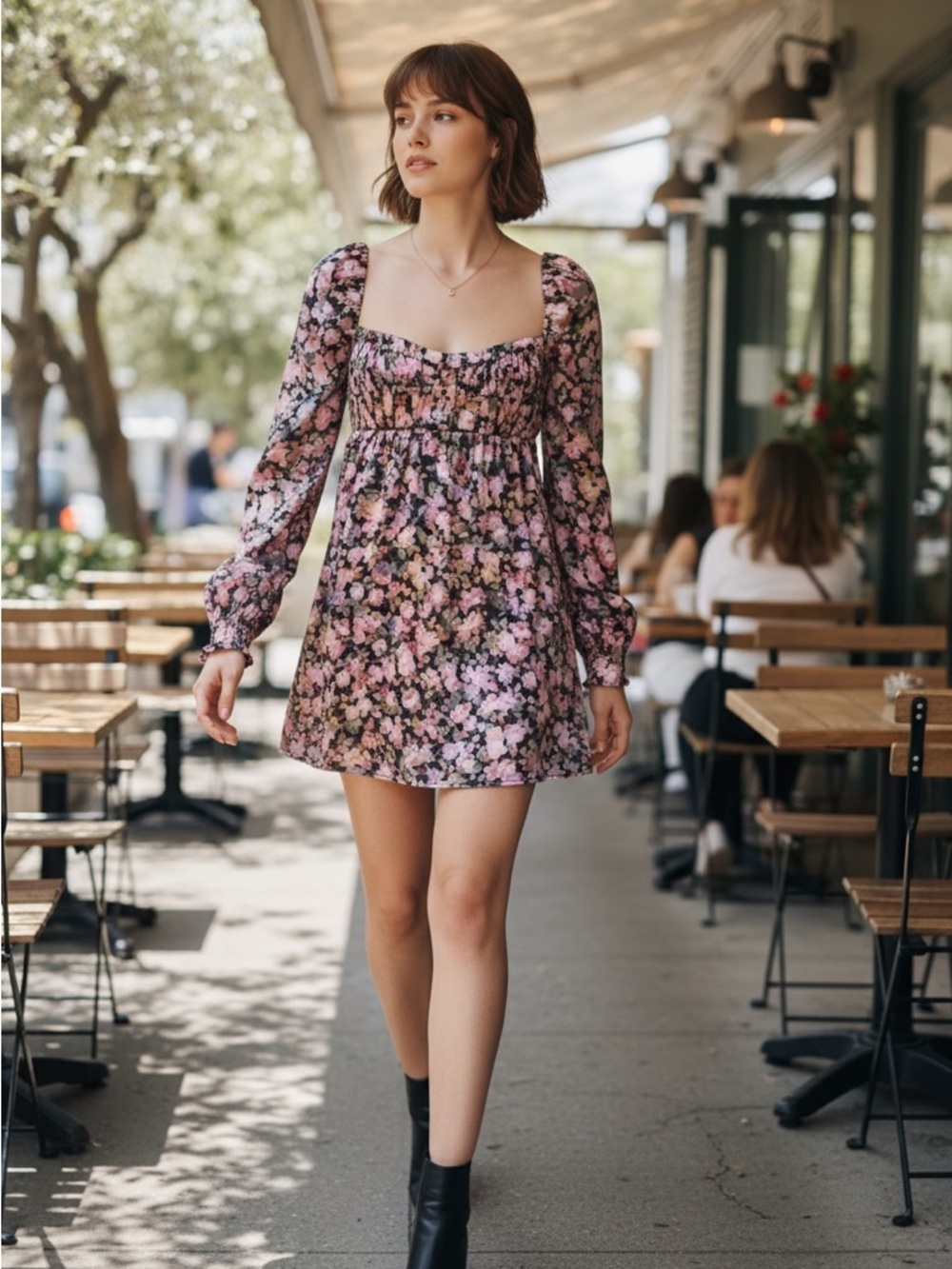 For Love & Lemons Pink Floral Square-Neck Long-Sleeve Mini Dress